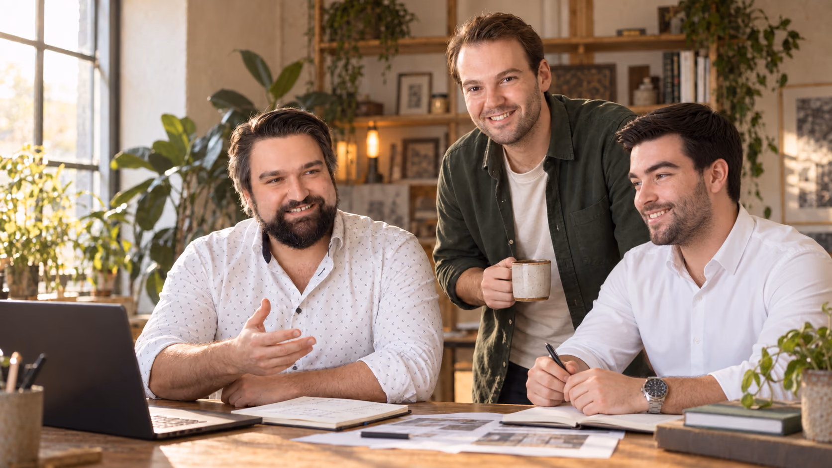Drie collega's in een warme, lichte werkruimte met veel planten; één van hen houdt een kop koffie vast en ze lachen samen, op hun gemak.